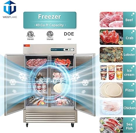 WESTLAKE Commercial Freezer 54W 2 Door 2 Section Stainless Steel Reach-in Solid Door Upright Fan Cooling 49 Cu.ft Freezer for Restaurant, Bar, Shop, etc