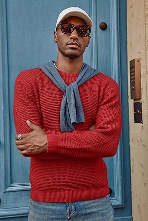 PJ PAUL JONES Mens Crewneck Pullover Sweater Waffle Textured Long Sleeve Knitted Sweaters