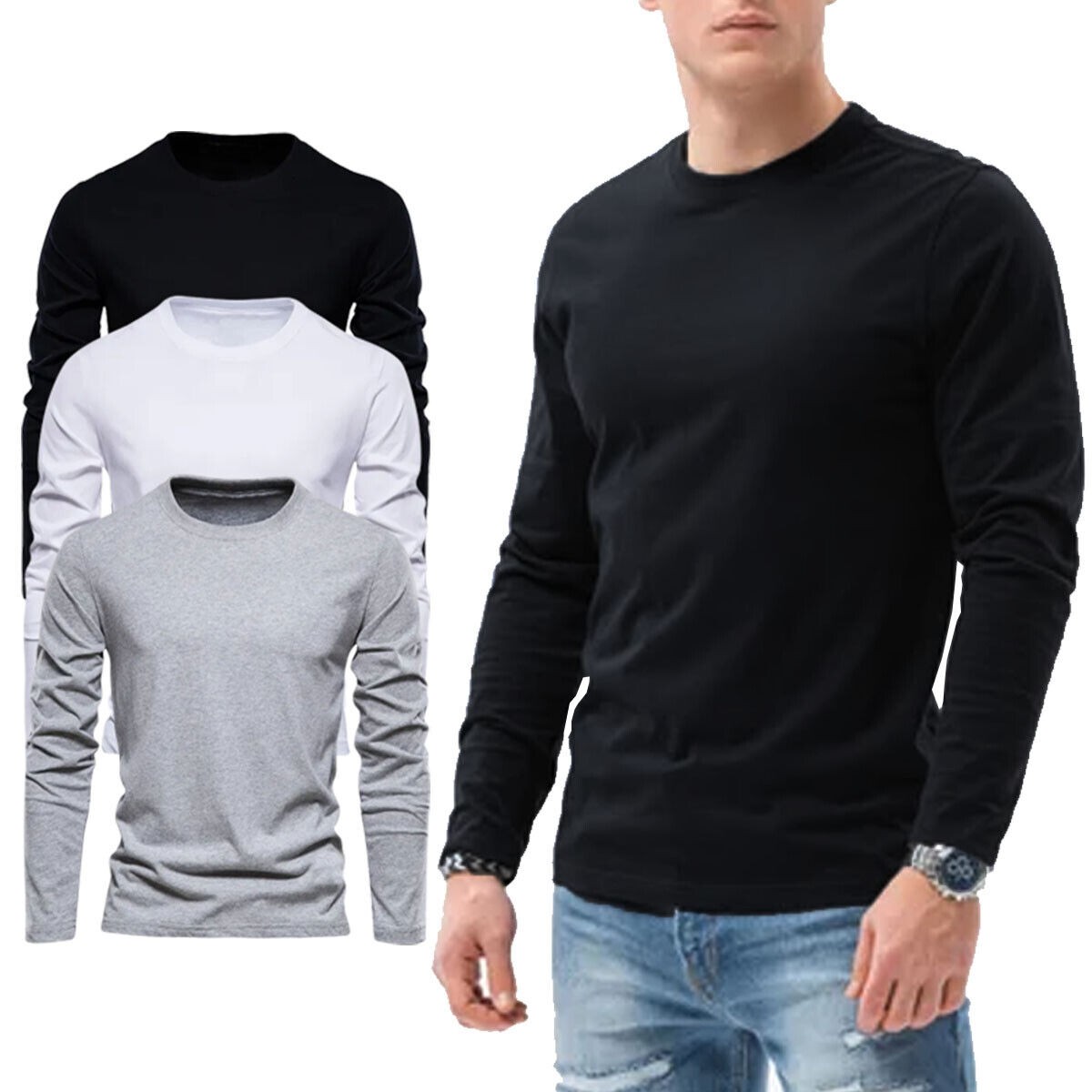 Mens Long Sleeve T shirt Plain Casual Work Pack Of 34 Premium Lot Tee Top